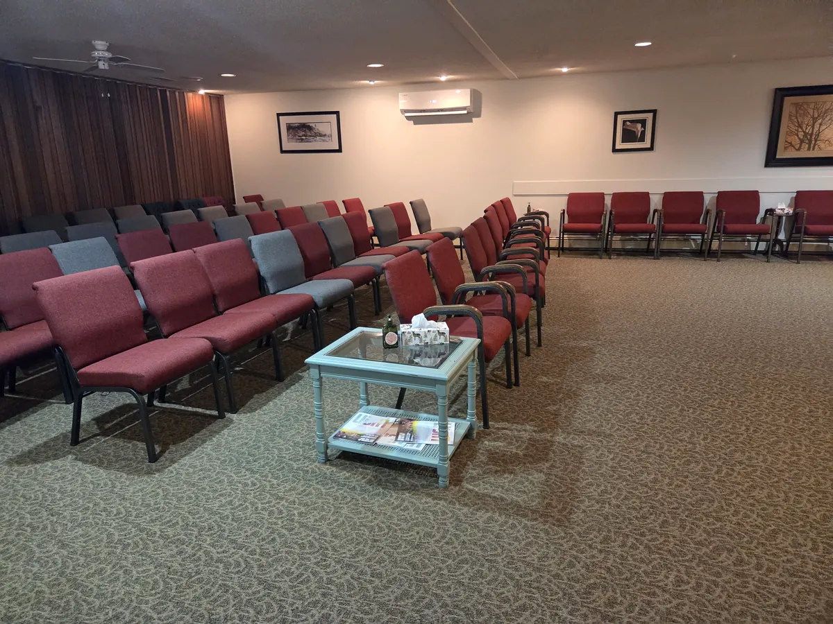 Rows of chairs in the renovated chapel at West Prince Funeral Home
